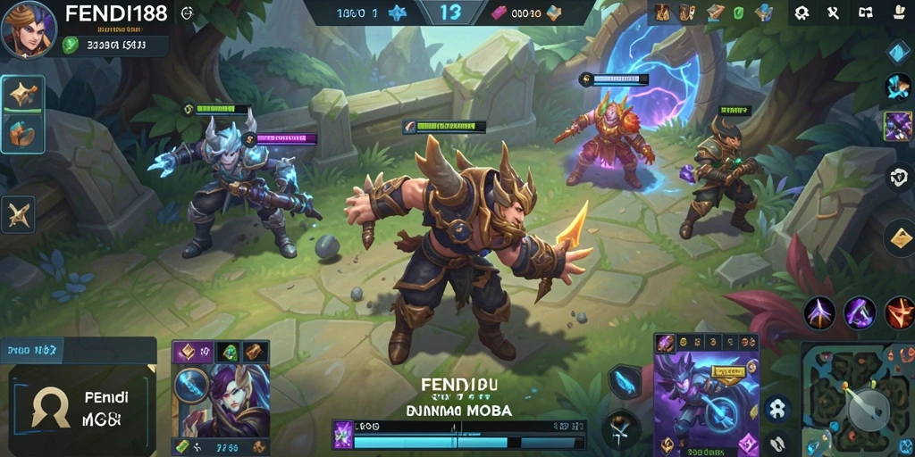 Screenshot utama FENDI188 menampilkan pertempuran seru dalam arena MOBA.