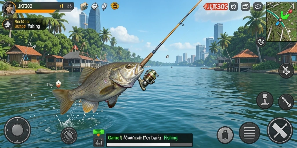 Screenshot utama JKT303 menampilkan gameplay menarik saat memancing ikan.